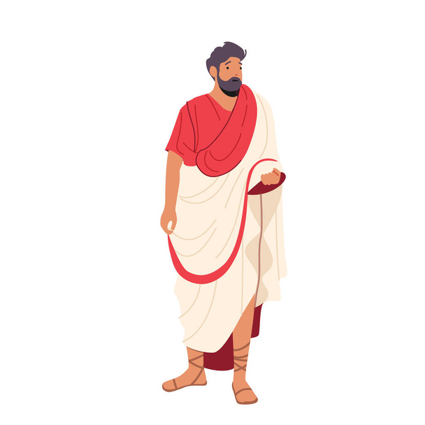 Roman Man in Traditional Clothes, Ancient Rome Citizen Male Character in Red White Toga and Sandals Historical Costume - Vector, Image