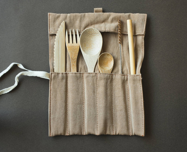 Cloth case to carry the disposable cutlery. Eco-friendly disposable tableware. Take away - Zdjęcie, obraz