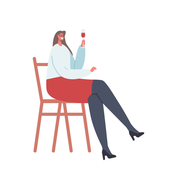 Fiatal Vidám Italok Alkohol Otthon vagy Bárban. Részeg női karakter ül széken tartó borospohár a kézben - Vektor, kép