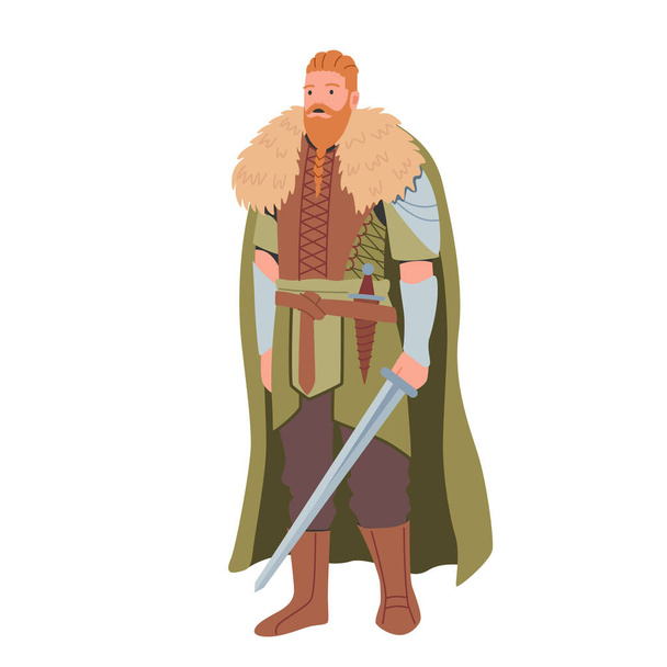Viking férfi karakter felöltözött vörös szakáll viselő bőr, csizma és köpeny, tartsa páncél kard elszigetelt fehér - Vektor, kép