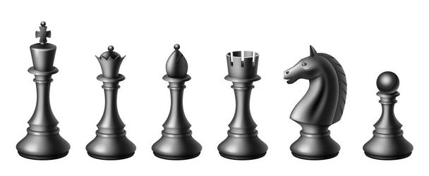 Realistic black chess pieces set. King, queen bishop and pawn horse rook. Black chess figures - Vector, Image