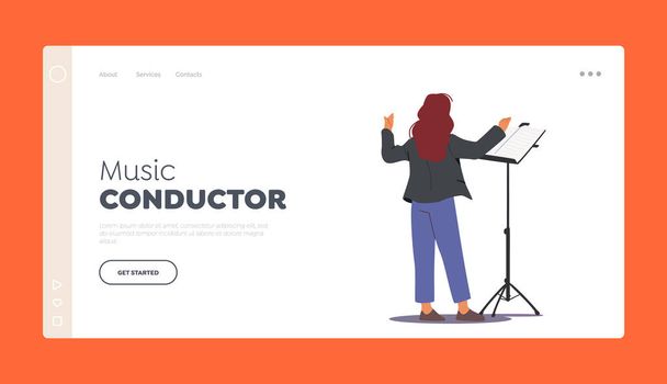Music Conductor Landing Page Template (em inglês). Personagem Realizar no Palco Dirigir com Caderno e Orquestra Sinfônica - Vetor, Imagem
