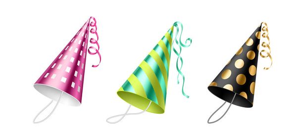 Sombreros de fiesta, gorras coloridas de cumpleaños con rayas y patrón de puntos, conos de cartón para el año nuevo - Vector, Imagen