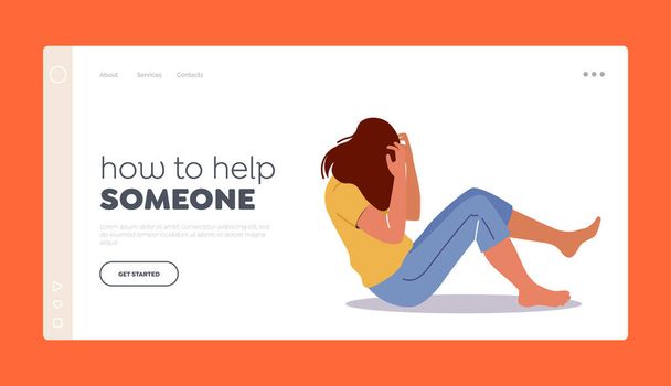 Psychological Problems, Despair, Depression Landing Page Template. Woman Protecting from Beatings, Domestic Violence - Vector, Image