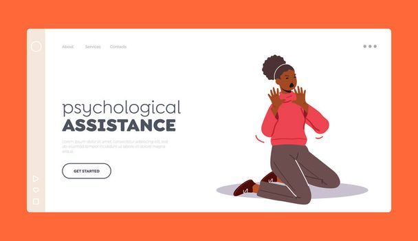 Psykologinen apu Landing Page malli. Peloissaan Afrikkalainen nainen istua lattialla peloissaan ja suojella jotain - Vektori, kuva