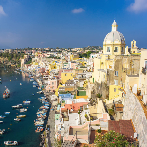 Aerial drone view of Corricella fisherman village in Procida island Naples Italy - Photo, image