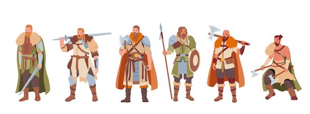 Vikings personnages masculins portant des peaux et tenant des épées d'armure et des axes se tiennent dans la rangée isolé sur fond blanc - Vecteur, image