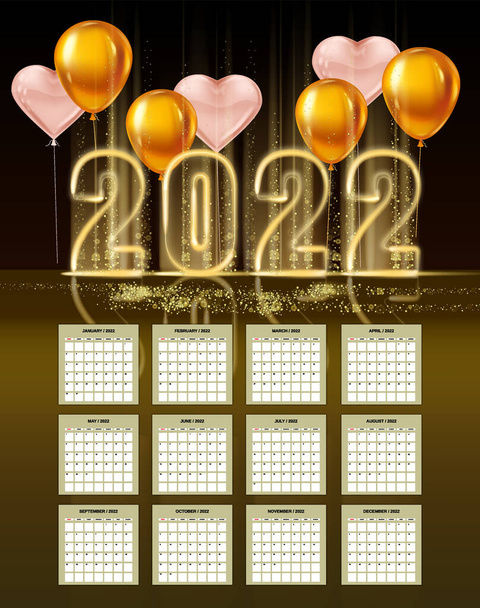 2022 New Year Calendar shiny gold color shiny numbers banner, stage podium, pink hearts balloons. Week starts from Sunday. Realistic text flash light, golden particles, glitter, sparkles dust, black - Vector, Image