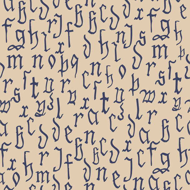 Gotycki wzór alfabetu bez szwu, kaligrafia, liternictwo. Europejskie średniowieczne litery łacińskie. Tło wektorowe - Wektor, obraz