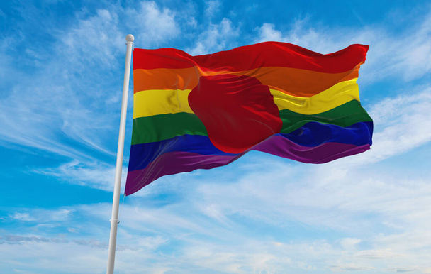 flag of Gay Pride, Japan waving in the wind at cloudy sky. Freedom and love concept. Pride month. activism, community and freedom Concept. Copy space. 3d illustration - Photo, image