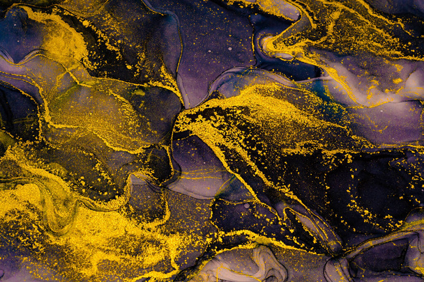 Abstract shiny color fluid background, hand drawn alcohol painting with golden streaks, liquid ink technique texture for backdrop design - Photo, Image