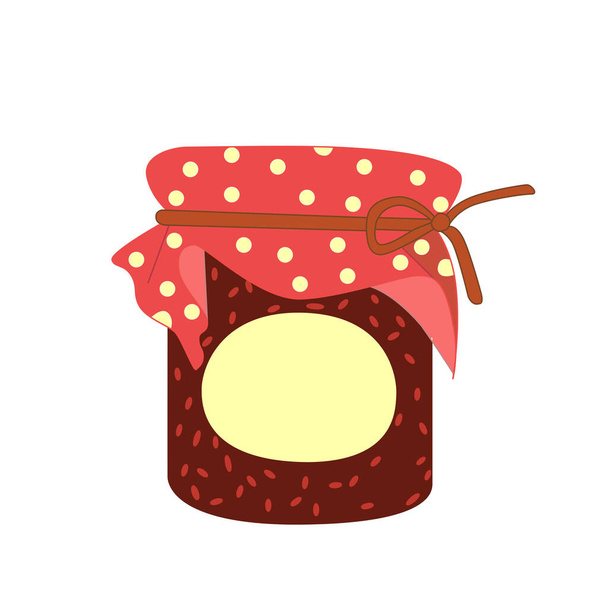 Vector illustration of a jar of homemade raspberry jam with polka dot fabric and decorative rope.  Sweet delicious dessert with an empty label for the inscription. - Wektor, obraz