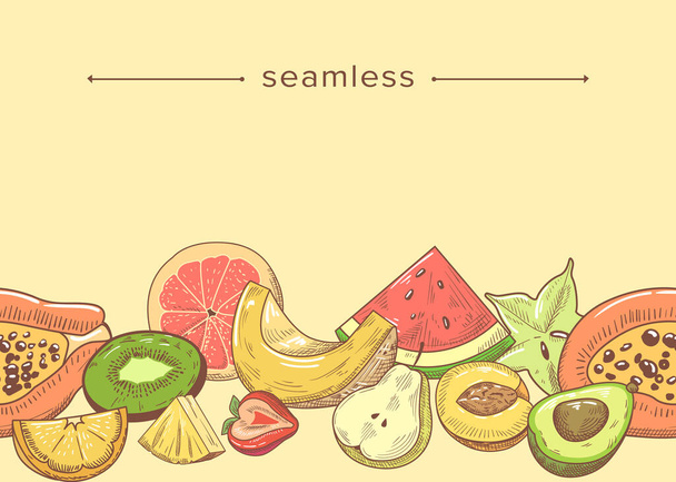 Patrón sin costura con rebanadas de frutas frescas, composición de Doodle con lima o limón, fresa, papaya, ciruela y carambola - Vector, imagen
