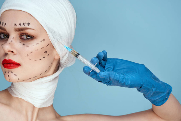 female patient Red lips plastic surgery operation bare shoulders studio lifestyle - Zdjęcie, obraz