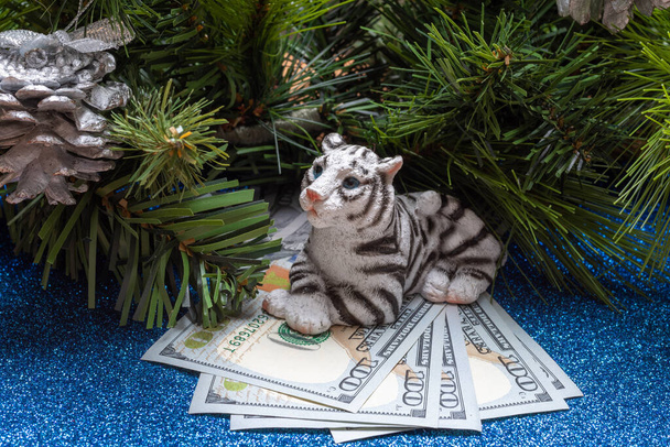 Chinese new year 2022. Toy tiger and holding cash dollars on a blue shiny background like on water with branches of a spruce - Фото, зображення