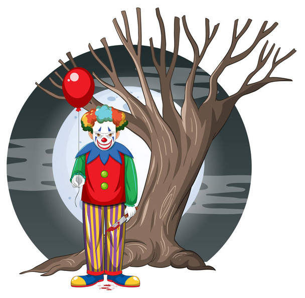 Τρομακτικός κλόουν κρατώντας μπαλόνι σε πανσέληνο εικονογράφηση φόντου - Διάνυσμα, εικόνα