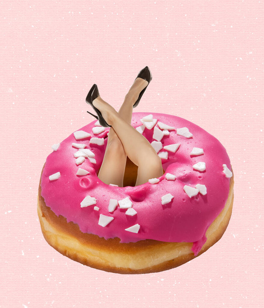 Contemporary collage, creative artwork of female hands sticking out pink donut isolated over pink background - Фото, зображення