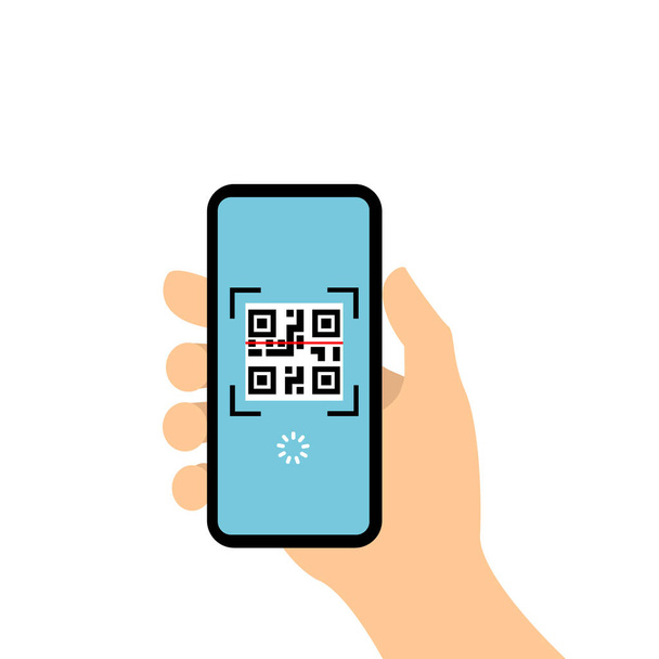 Scansione del telefono cellulare con codice QR sullo schermo. in mano su sfondo bianco. Stile piatto. Illustrazione vettoriale - Vettoriali, immagini