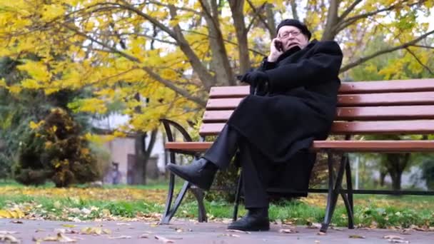 Vanhempi isoisä istuu penkillä ja puhuu puhelimessa syksyn puistossa. - Materiaali, video