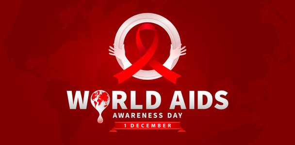 World AIDS Awareness Day 1 December illustration with red ribbon and red backgrounds. for poster, flyer, banner, red ribbon and globe blood drops with isolated backgrounds. - Vector, Image