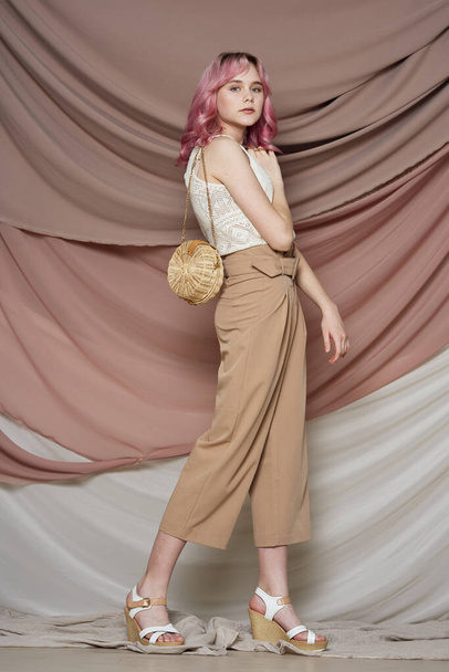 pretty woman pink hair posing fashion clothes Acid style design - Φωτογραφία, εικόνα