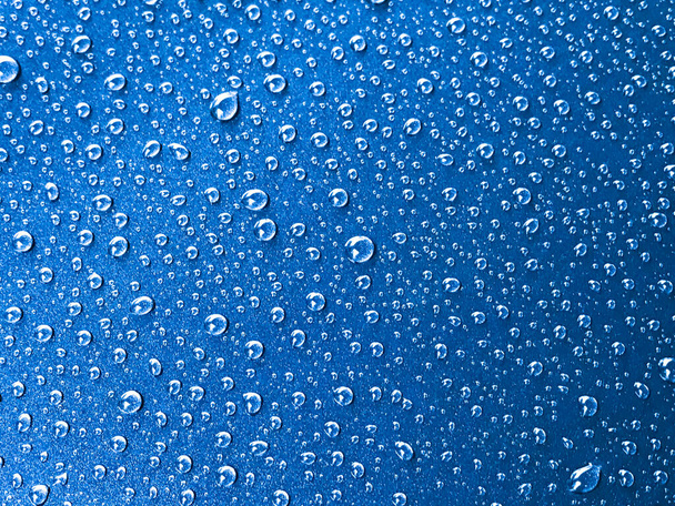 青い背景に水滴が - 写真・画像