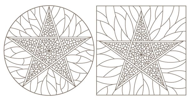 Set van contour illustraties van glasramen met sterren, donkere contouren op een witte achtergrond, ronde en rechthoekige afbeelding - Vector, afbeelding