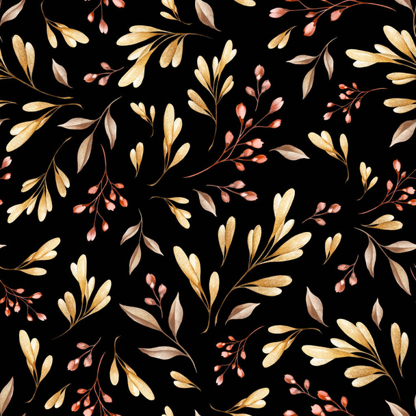 seamless floral botanical pattern with watercolor hand drawn autumn leaves on black background - Zdjęcie, obraz