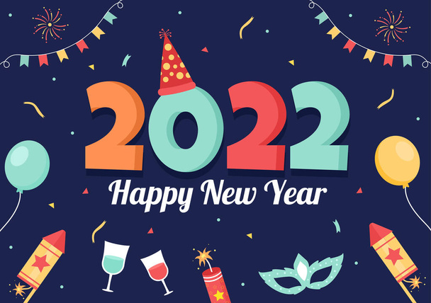 Happy New Year 2022 Template Illustration de design plat avec rubans et confettis sur un fond coloré pour affiche, brochure ou bannière - Vecteur, image