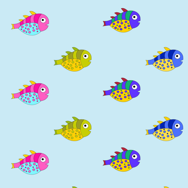 Μοτίβο με ζωγραφισμένα πολύχρωμα ψάρια. Μπορεί να χρησιμοποιηθεί για ταπετσαρία, υφάσματα, συσκευασίες, κάρτες, καλύμματα. Μικρό χαριτωμένο ζώο σε μπλε φόντο. - Φωτογραφία, εικόνα
