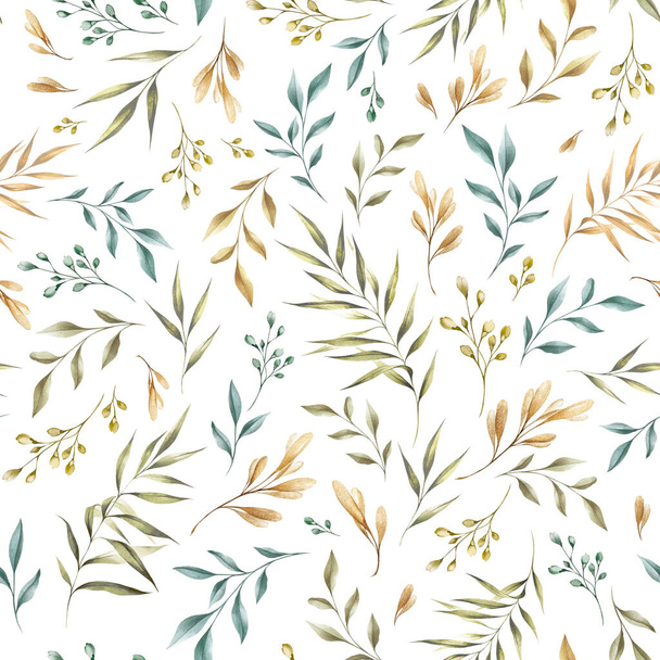 seamless floral botanical pattern with hand drawn watercolor leaves on white background - Foto, Imagen