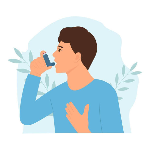 Человек использует ингалятор против астмы. Всемирный день астмы. Аллергия, бронхиальная астма. Векторная иллюстрация - Вектор,изображение