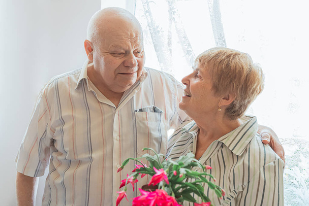 ηλικιωμένος ασπρομάλλης Καυκάσιος άντρας με μεγάλο σώμα και ηλικιωμένη γυναίκα ξανθά μαλλιά κοιτάζονται ερωτευμένοι στο δωμάτιο κοντά στο παράθυρο. Ανθοφόρο φυτό με άνθη ματζέντα δώρο για ηλικιωμένους κυρίους - Φωτογραφία, εικόνα