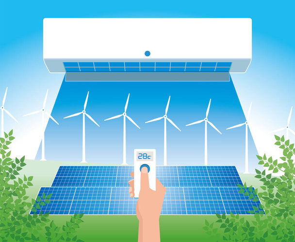Деревянные ветви и возобновляемые источники энергии солнечные батареи, энергия ветра, кондиционер  - Вектор,изображение