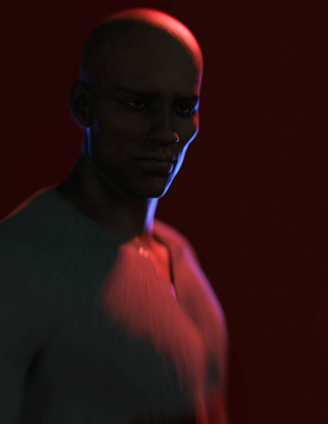 Retrato de un hombre afroamericano calvo con un suéter gris en luz de borde rojo y azul. Renderizado 3D. - Foto, Imagen