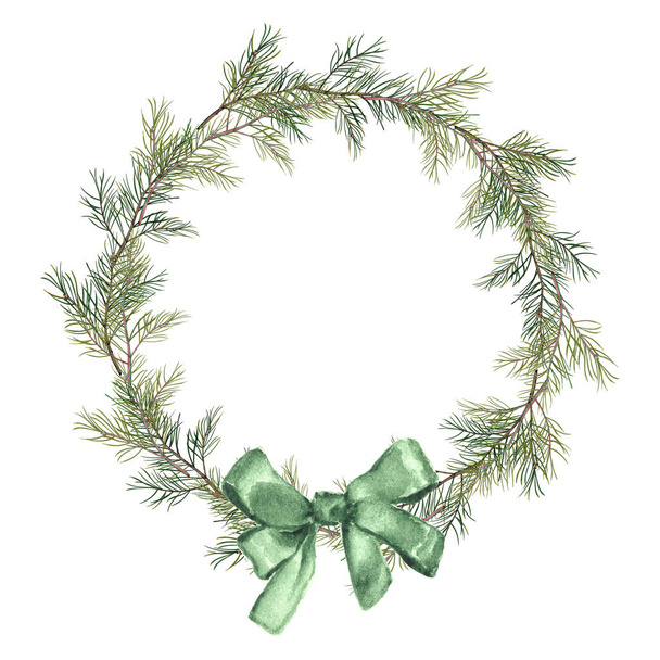 Akvarel Vánoční věnec ze smrkových větví a zeleného luku - Fotografie, Obrázek