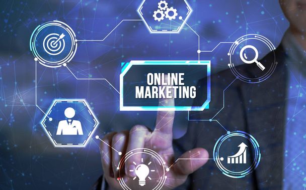 Інтернет, бізнес, технології та мережева концепція. Digital Marketing Technology Solution for Online Віртуальна кнопка. - Фото, зображення