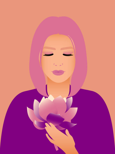 Peace of mind and female mental health concept. A stylish woman with pink hair in a purple dress holds a lotus flower in her hand.  - Valokuva, kuva