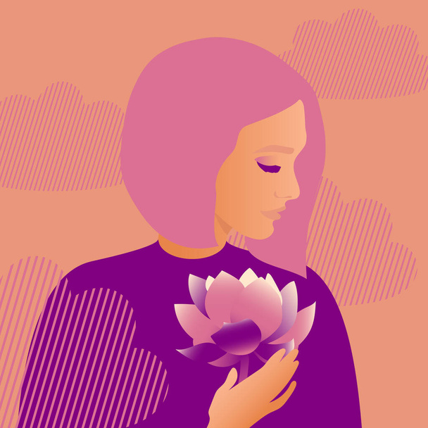 Peace of mind and female mental health concept. A stylish woman with pink hair in a purple dress holds a lotus flower in her hand.  - Foto, Bild