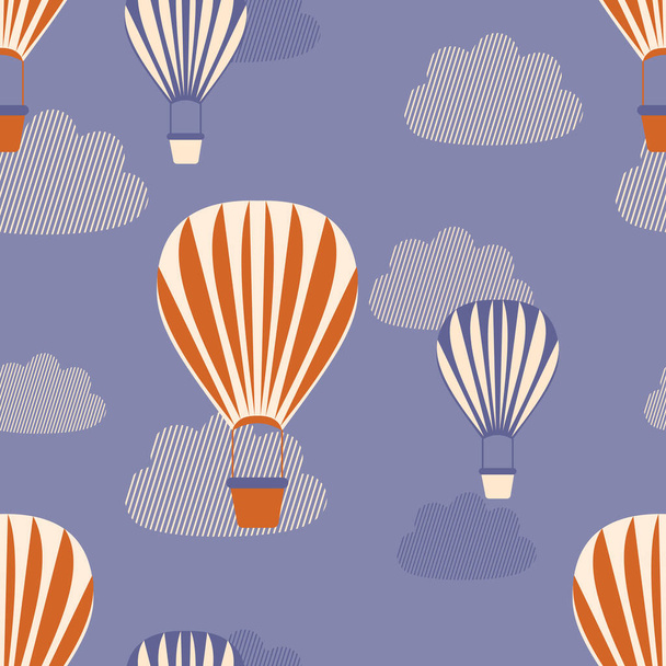 Warme luchtballonnen in de blauwe lucht met wolken. Modern naadloos patroon van festivalballen voor trendy textiel- en papierproducten.  - Foto, afbeelding