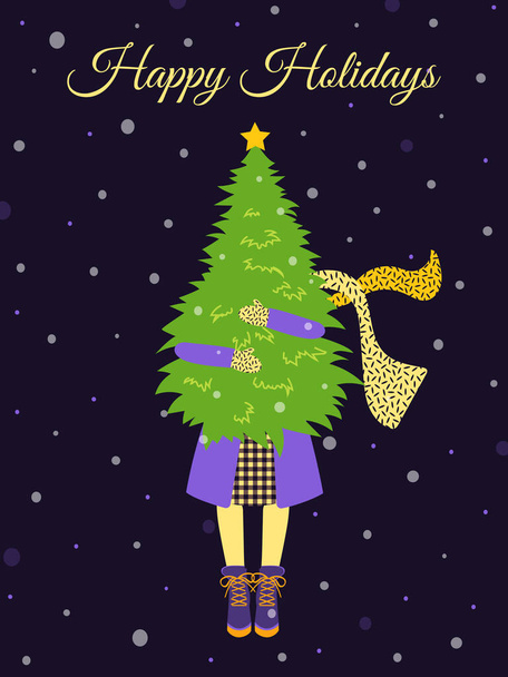 Buone feste. Cartolina Una ragazza in cappotto e stivali porta un albero di Natale tra le mani. Manifesto festivo moderno per le vacanze di Capodanno su sfondo viola.  - Foto, immagini