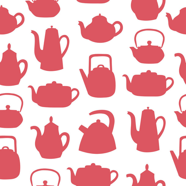 Teapots and kettles seamless pattern. Red objects on white background. Kitchen utensil background. Doodle style.  - Vector, Image