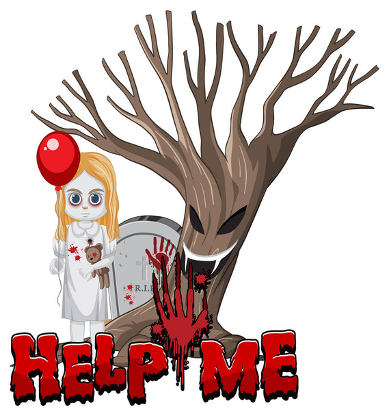 Ghost κορίτσι κρατώντας κόκκινο μπαλόνι και τρομακτικό δέντρο εικονογράφηση - Διάνυσμα, εικόνα