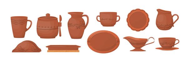 Antique clay crockery with patterns set. Ancient kitchenware dishes, plate, jug, pot, sauce pan, bowl, frying pan. Brown classical vase with floral ornament. Art vintage ceramic dishware flat vector - Vector, Image