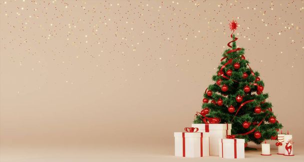 3d render of Christmas tree with red balls, white gift boxes, candles and gold stars on beige background. Postcard with new year eve and presents on beige background. - Photo, image
