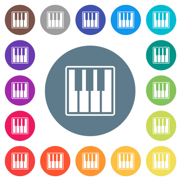 Клавиатура фортепиано чередуют плоские белые иконки на круглых цветовых фонах. Включено 17 вариаций цвета фона. - Вектор,изображение