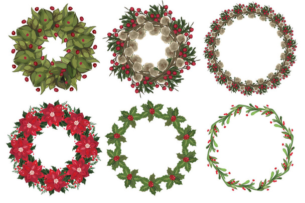 Set of christmas wreath with winter floral elements. Vector illustration - Вектор,изображение