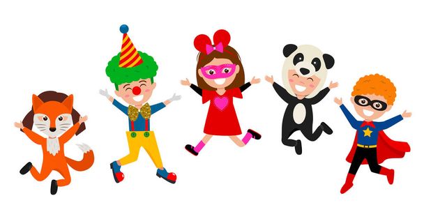 kids in carnival costumes of animals and clown having fun at the holiday concept of christmas, halloween and children's birthday. vector illustration isolated on white background - Vector, Image