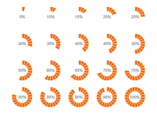 Runde orangefarbene Ladebalken mit Prozentzahlen, die auf Segmenten von 1 bis 20 aufgeteilt sind. Fortschritt, Warten oder Herunterladen von eingestellten Symbolen - Vektor, Bild