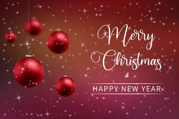 Merry Christmas and Happy New Year 2022 inscription with red Christmas decoration, snowflakes and stars. Christmas background. Vector. - Vector, Image